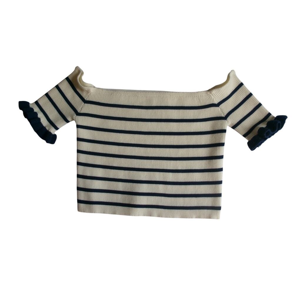 Altar'd State XL Ivory Navy Striped Ribbed Knit Ruffle Sleeve Top